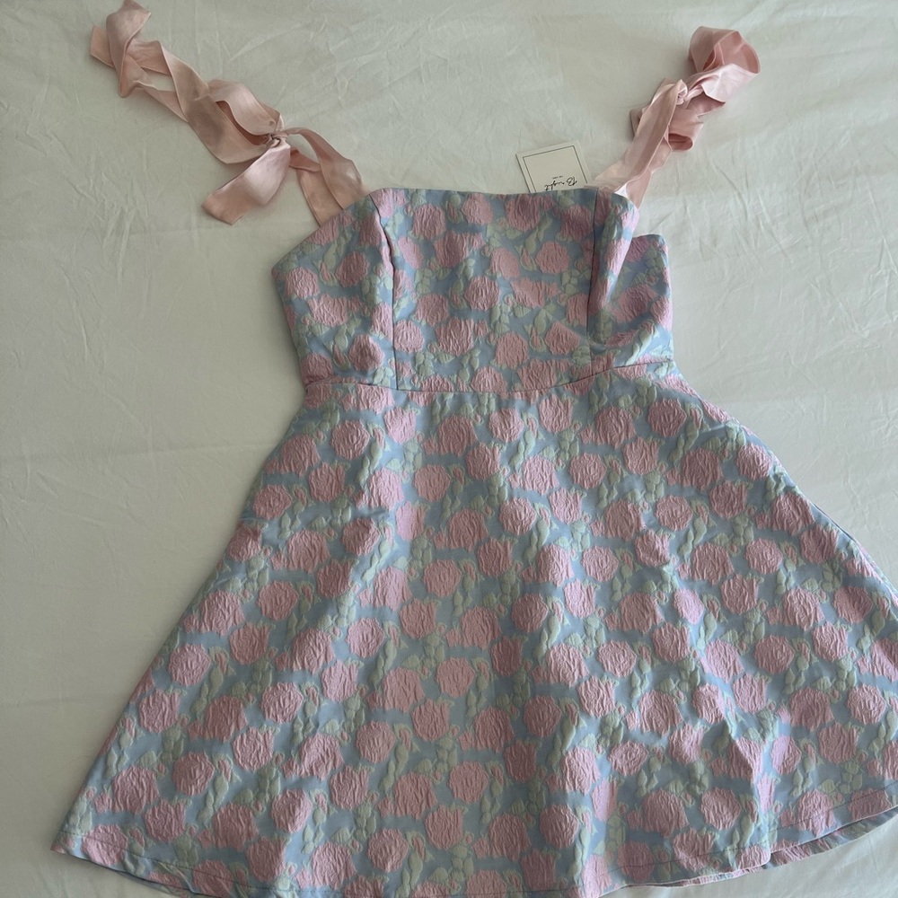 My Wish Light Blue Floral Jacquard Tie-Strap Dress With Pockets